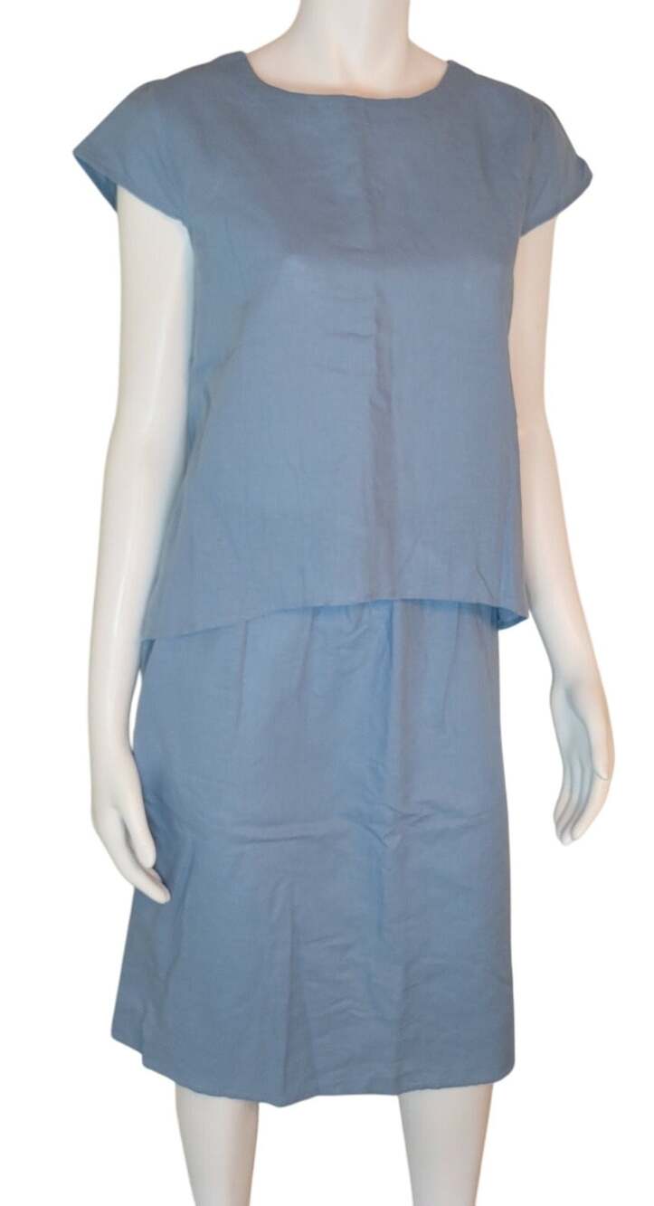 Grae Cove 55% Linen 45% Cotton Blend Powder Blue Skirt Set Back Button Size S